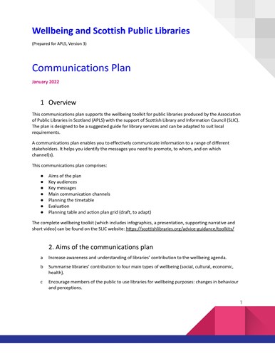 Communication Plan for the Wellbeing Toolkit